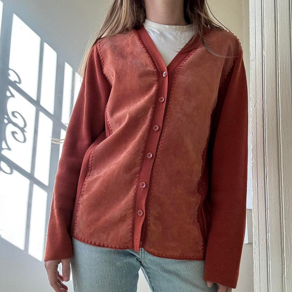 Vintage Nygard Suede Front Rust Orange Cardigan Medium Leather Preppy